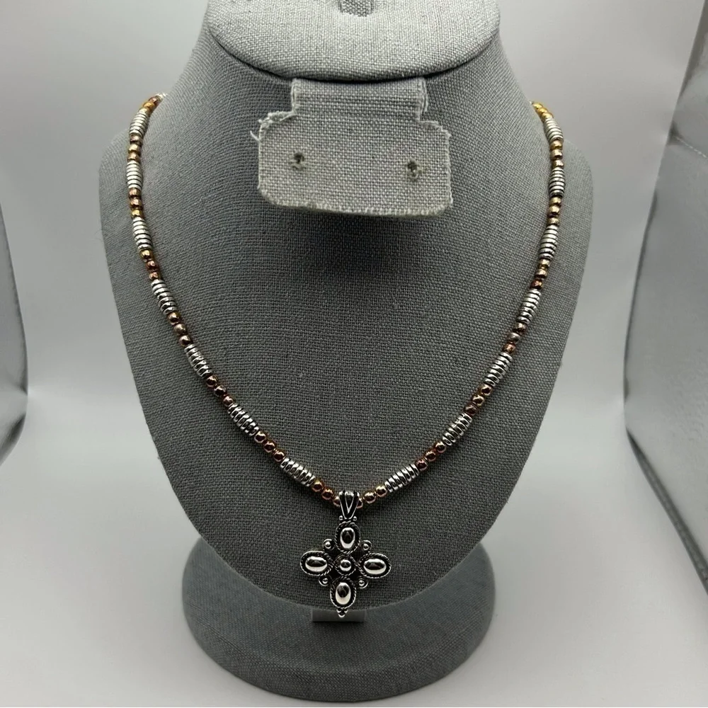 Vintage Napier Silver Tone Spiral Beaded with Bronze Beads Cross Flower Necklace